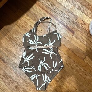 Mikoh small NWOT Brown and White Leaf Print Swimsuit